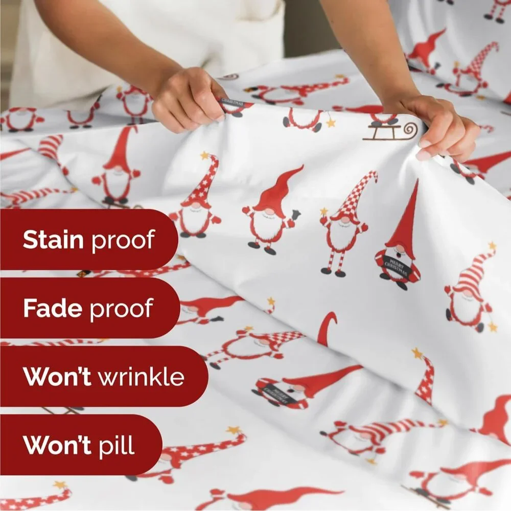 Twin Holiday Gnomes Red Sheet Set - Ultra Soft Christmas Bedding - Wrinkle Free